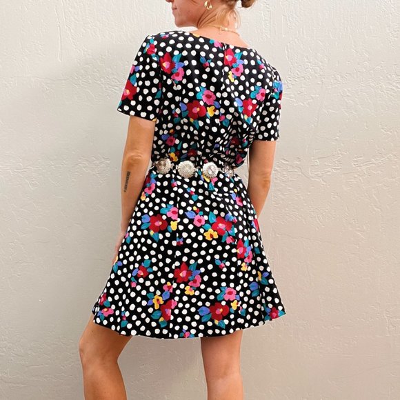 Vintage Black Funky Floral Dot Printed Short Sleeve Mini Dress - Picture 7 of 7